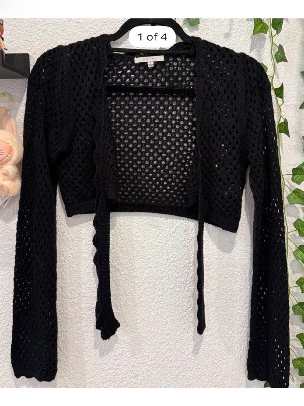Love Tree Black Cropped Open-Knit Tie-Front Shrug
